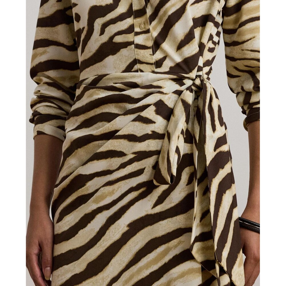 Lauren Ralph Lauren Women's Zebra-Print Tie-Front Crepe Shirtdress Cream Brown 2 - Picture 3 of 14